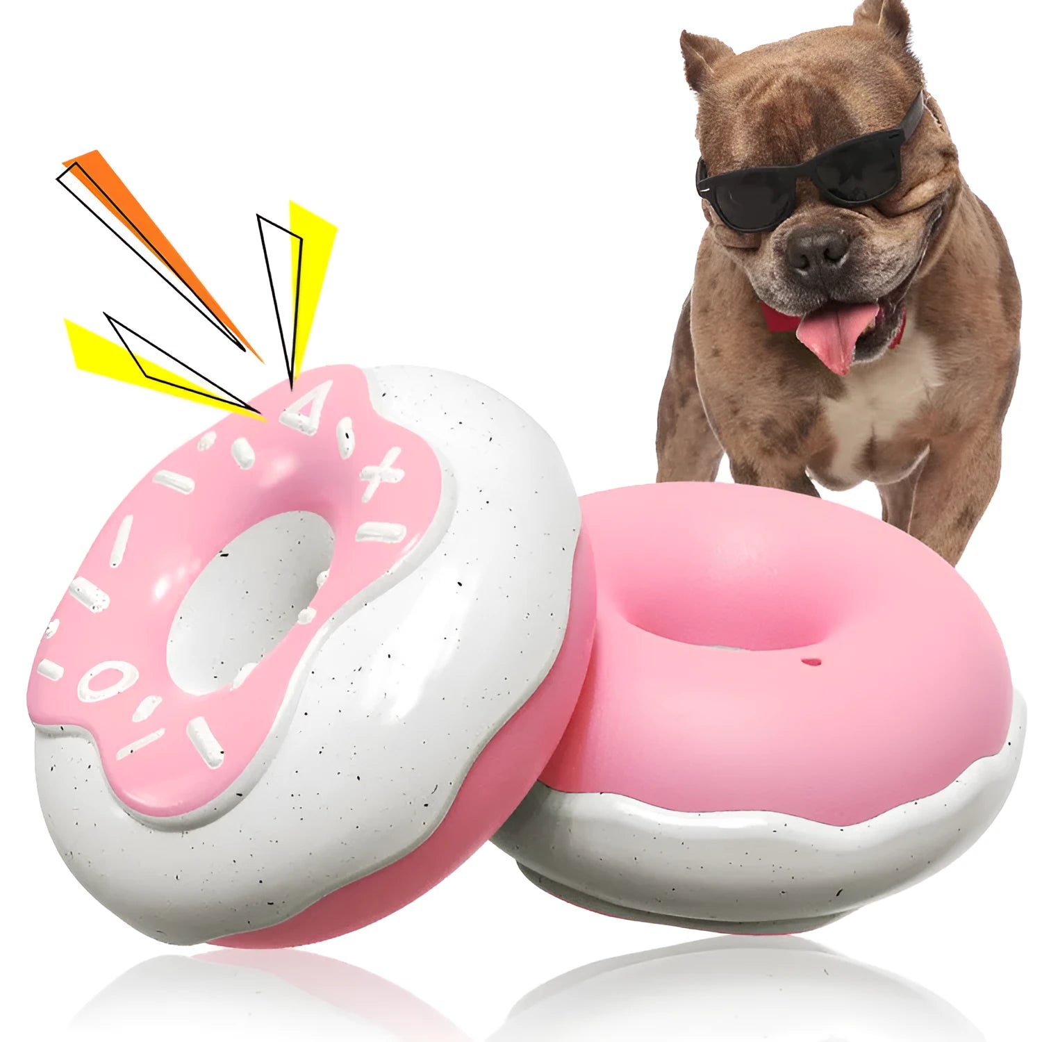 TPR donut dog chew toy with squeaker in pink, yellow and chocolate colours