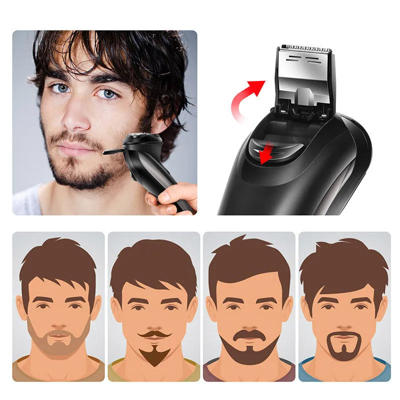 Men's electric shaver with three rotating heads and pop-up sideburn trimmer on black background