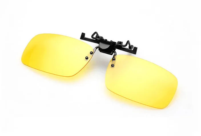 Plastic clip-on sunglasses attachment for prescription glasses, shown with dark green PC lens.