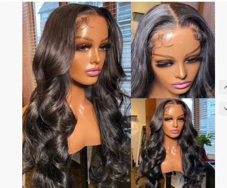 Black medium length curly synthetic wig on display stand showing lace mesh cap and wave pattern