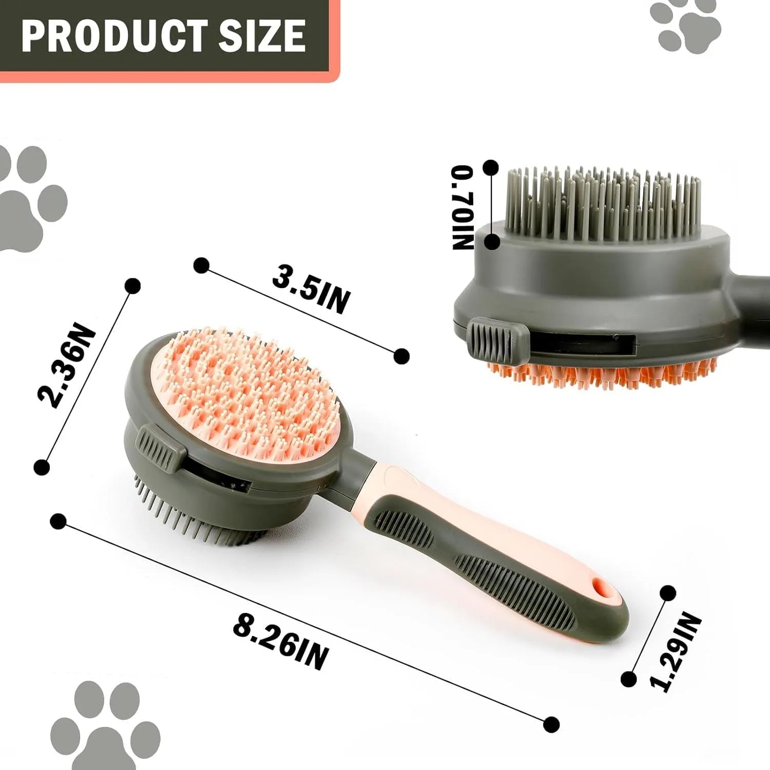 Double-sided pink cat brush with release button and separate flea comb for pet grooming
