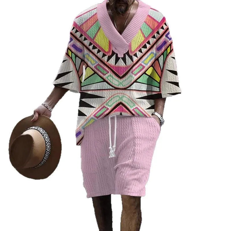 Men's loose casual short sleeve suit set in polyester fabric showing matching top and shorts