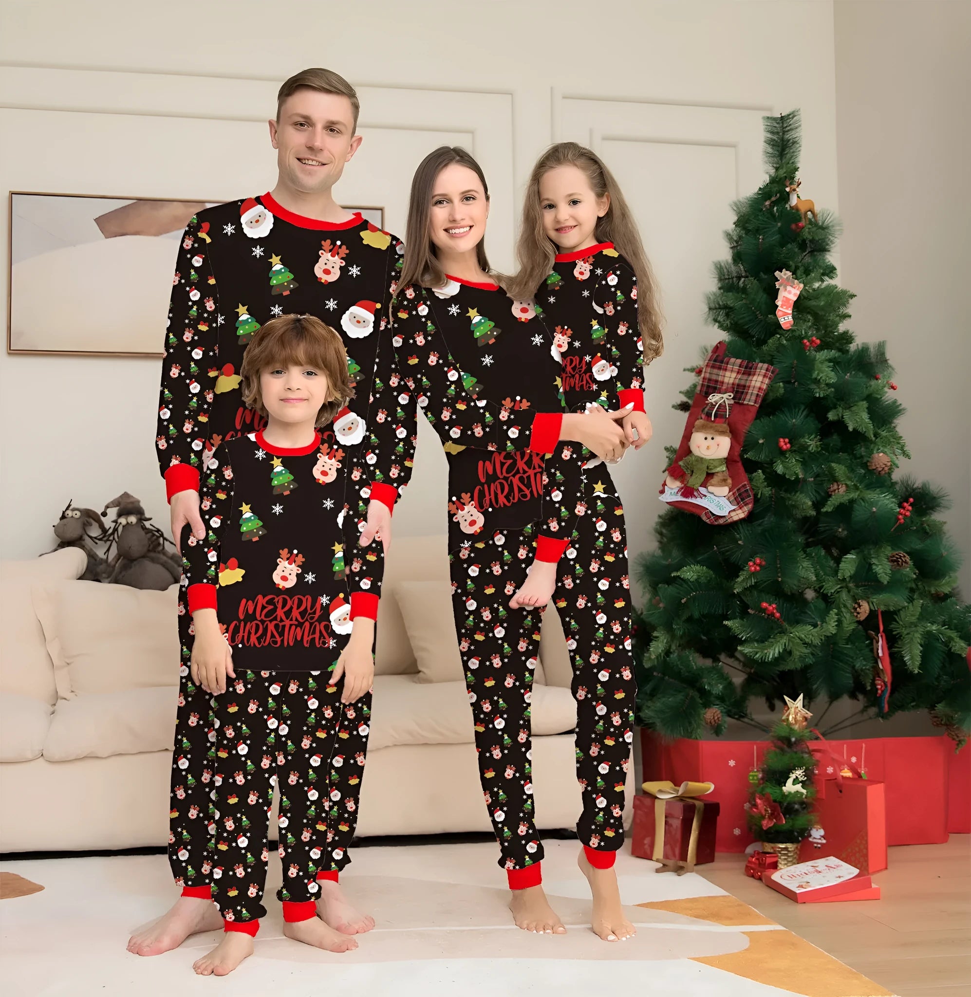 Family Christmas matching pyjamas set in cotton with coordinated designs for all family members including dogs