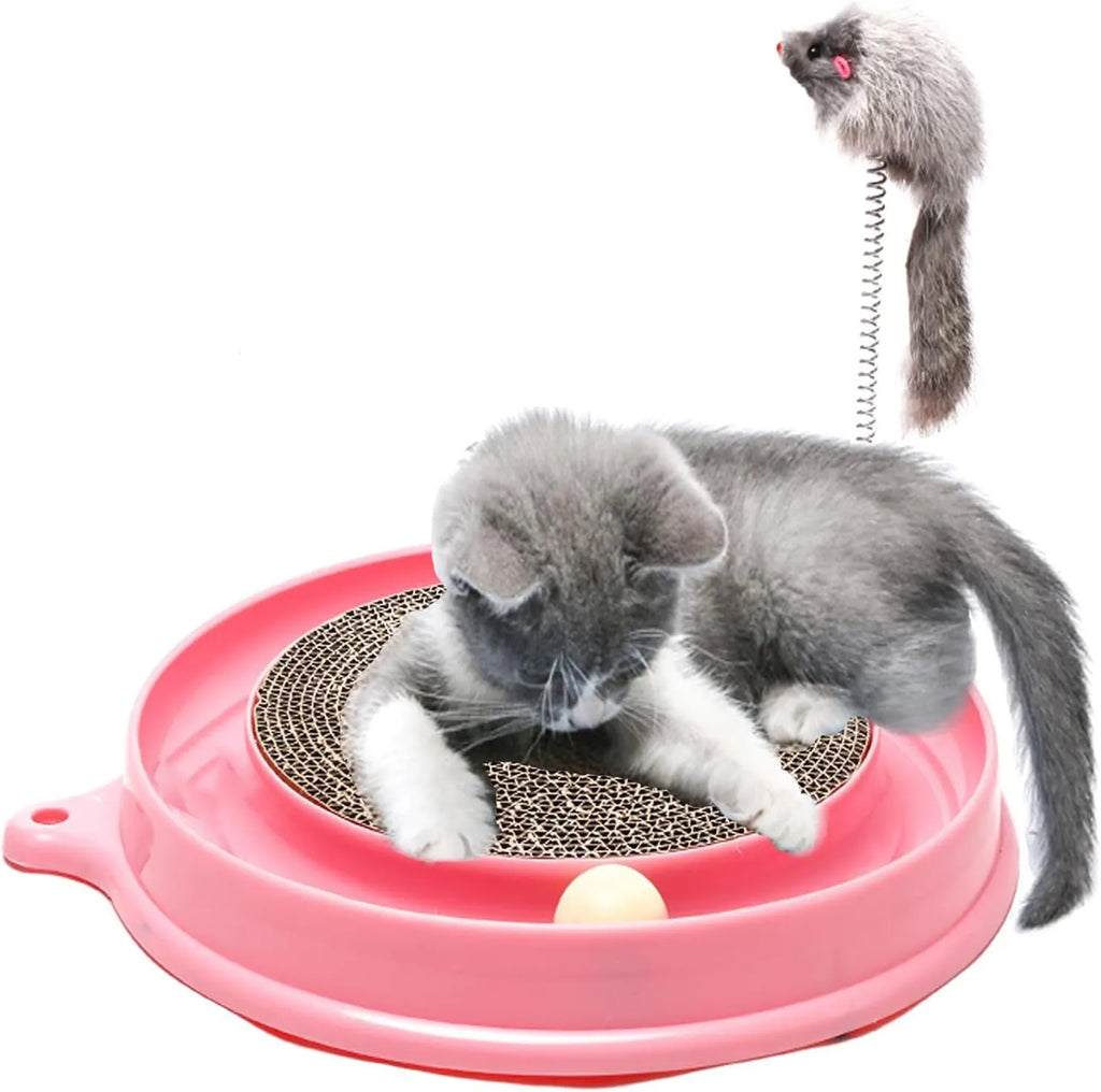 Circular cat scratching toy with ball track and textured centre pad in blue colour