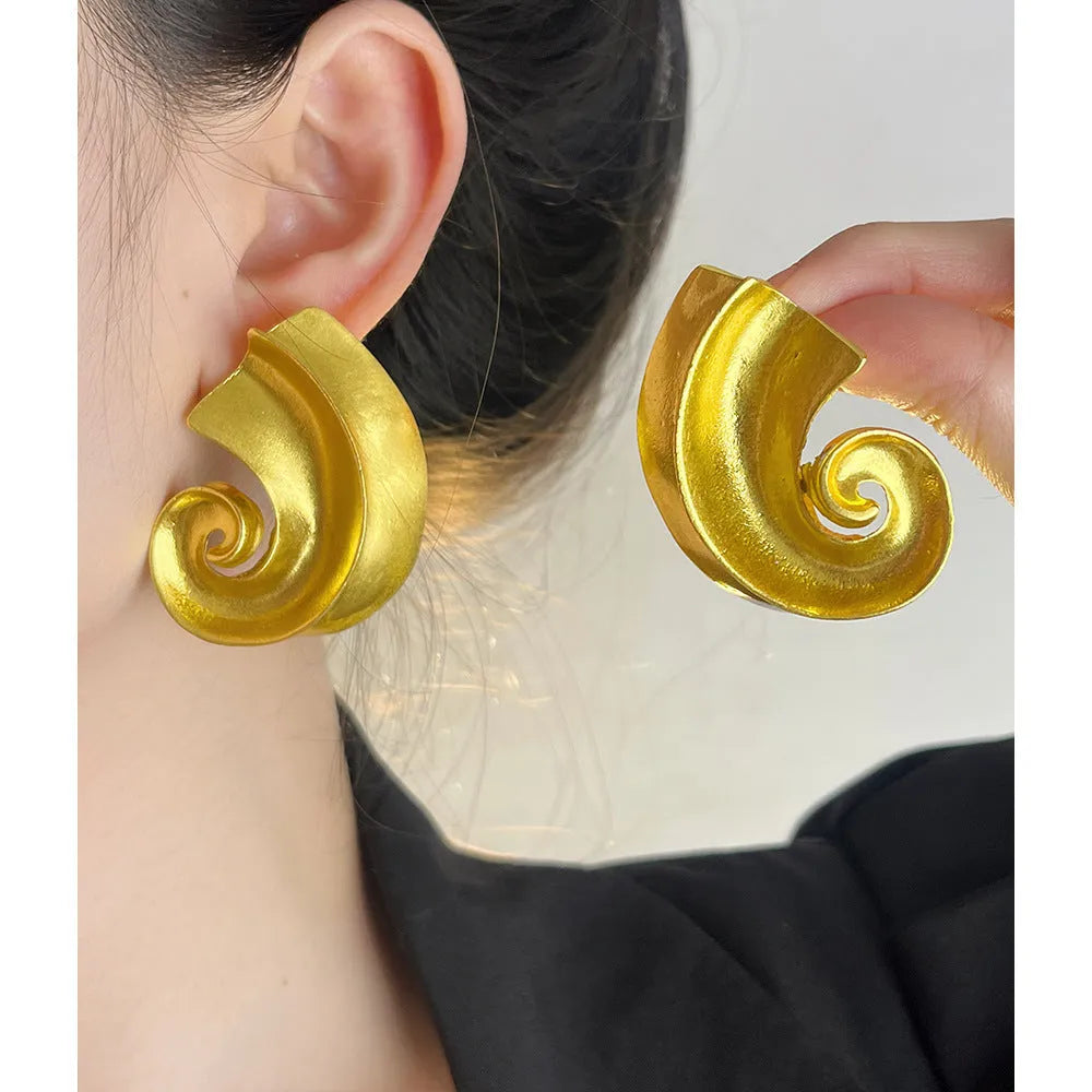 Gold geometric retro ear studs with 5cm drop length, alloy construction with electroplated finish.