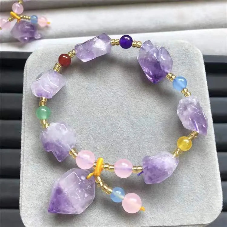 Natural shaped amethyst bead bracelet with fu character charm for women's romantic jewellery