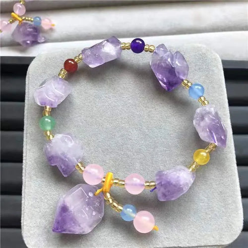 Natural shaped amethyst bead bracelet with fu character charm for women's romantic jewellery