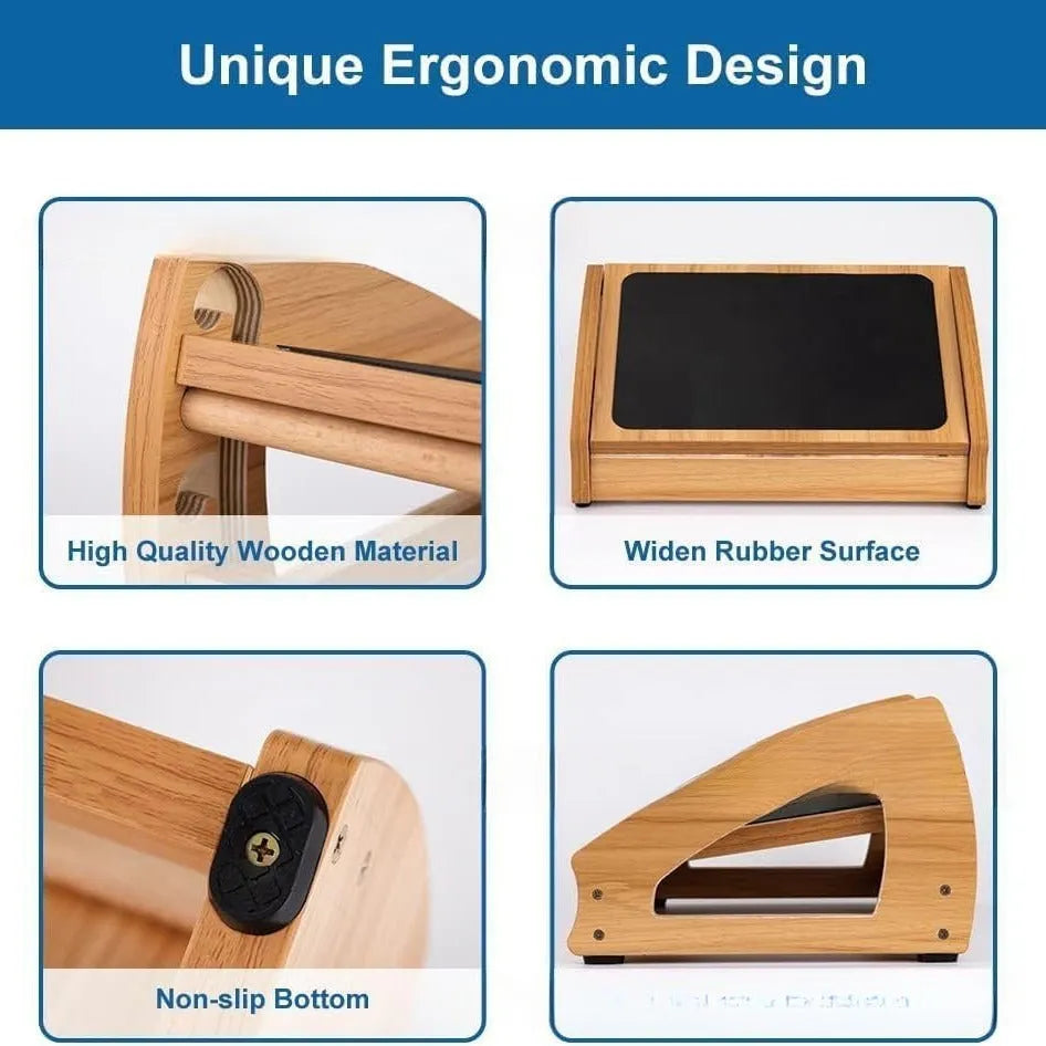 Adjustable bamboo wooden footstool in natural wood colour for office desk ergonomic support