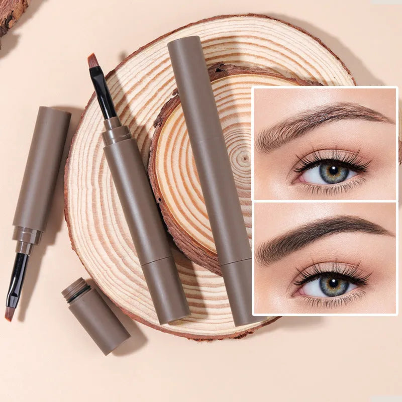 Double-headed eyebrow cream tube shown next to swatches of its five colours: reddish brown, brown, light brown, dark brown, and black.