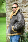 Men's brown retro synthetic leather fur coat with straight hem and side pockets