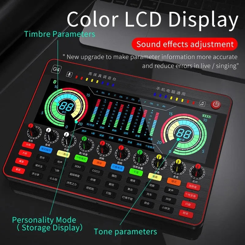 G4 professional audio sound card mixer with colour LCD screen, multiple knobs, and a microphone on a black background.