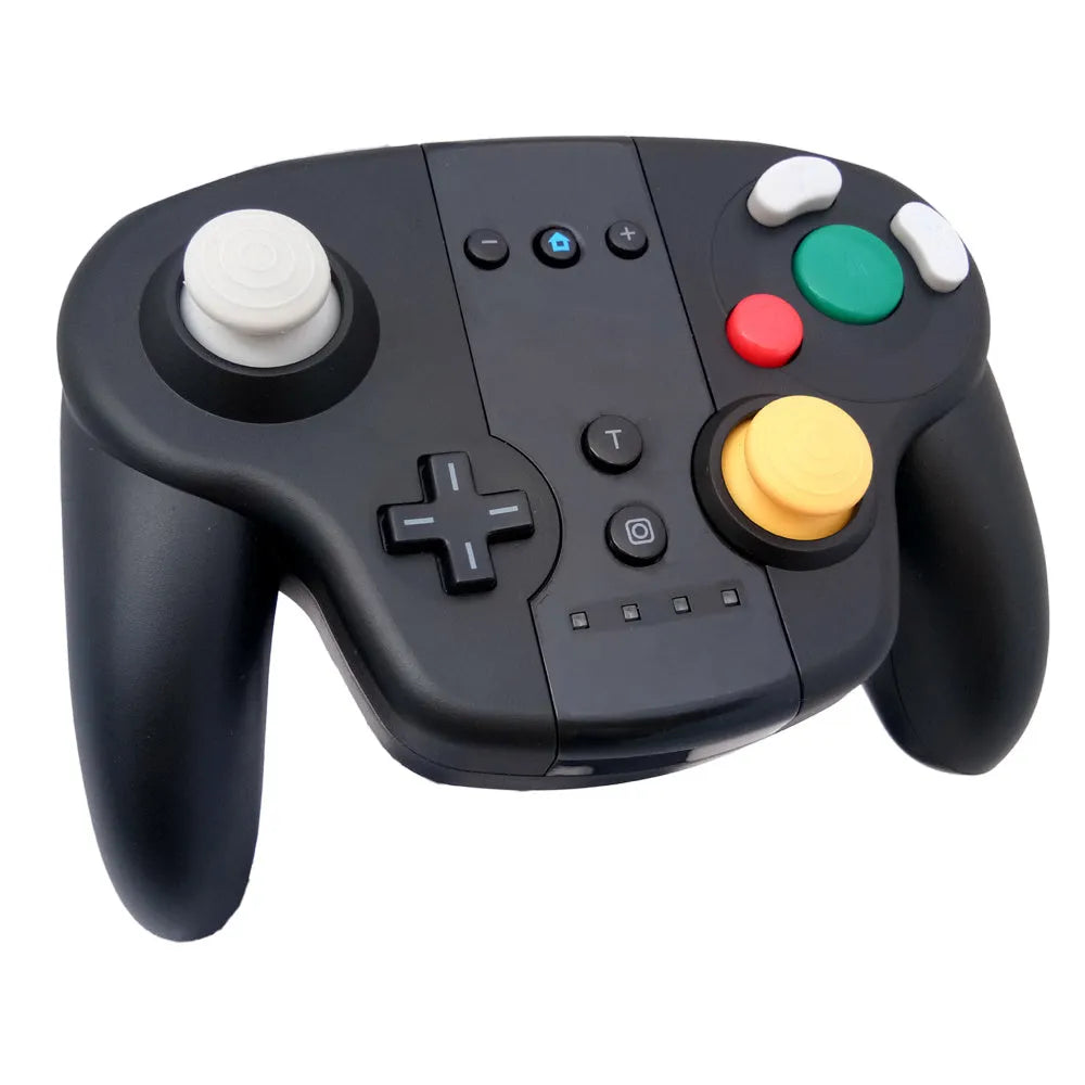 Black wireless gamepad controller with NFC for Nintendo Switch and Windows PC on a colour box.