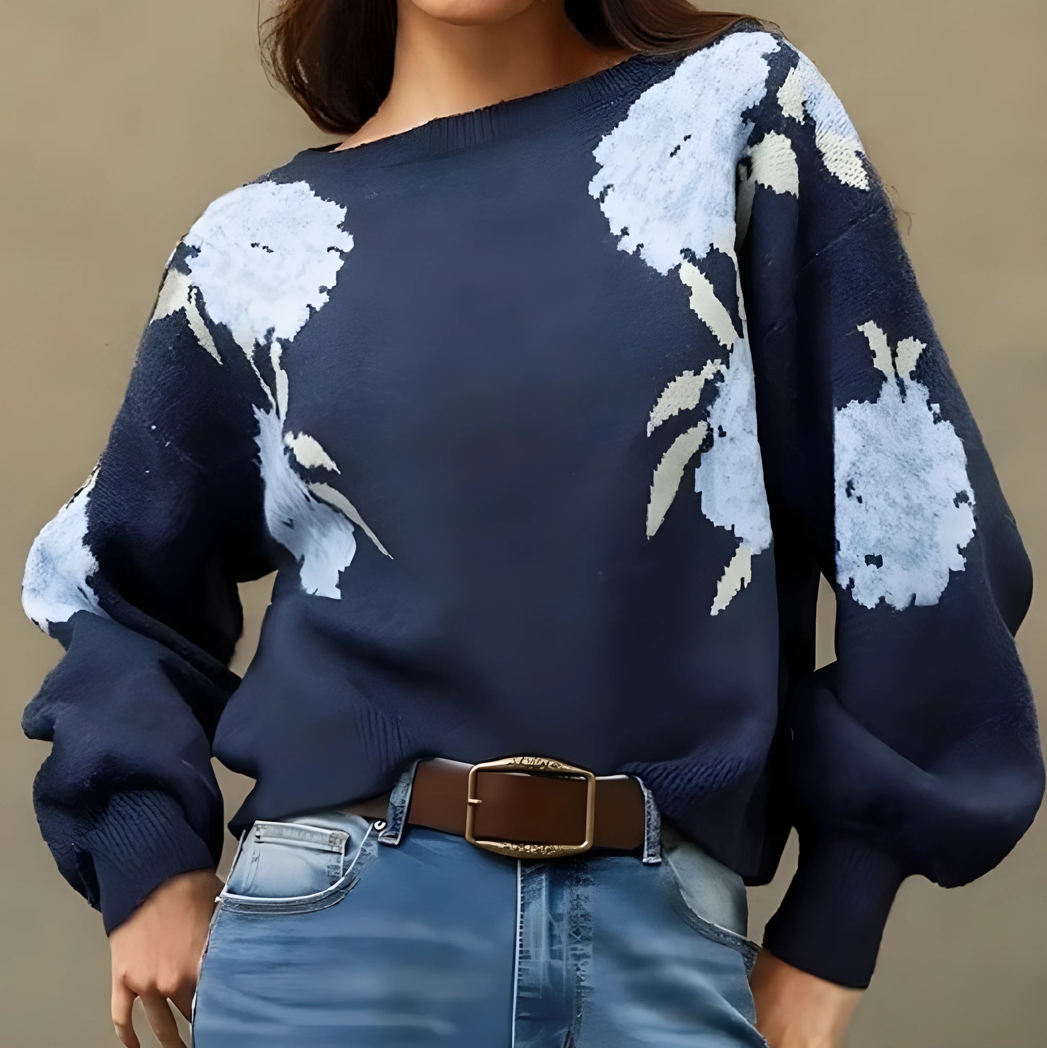 Sapphire Blue women's floral jacquard pullover with loose casual streetwear style