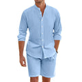 Men's linen-blend button-down shirt and drawstring shorts set in light blue colour