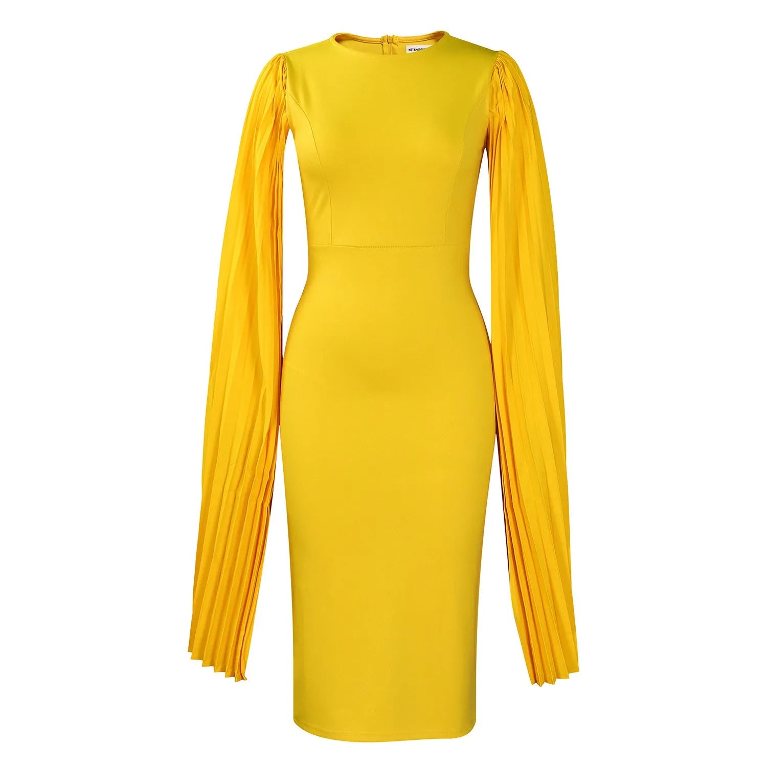 Evening gown with pleated shawl collar and round neck in high-waist design