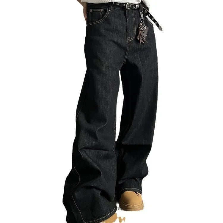 Black retro loose wide-leg jeans with straight-leg cut and mid waist