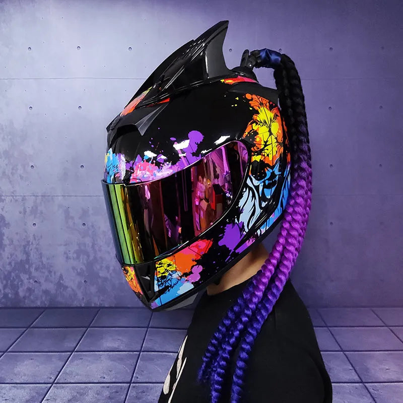 Couples motorcycle helmets with graphic designs in black, blue, and grey colours