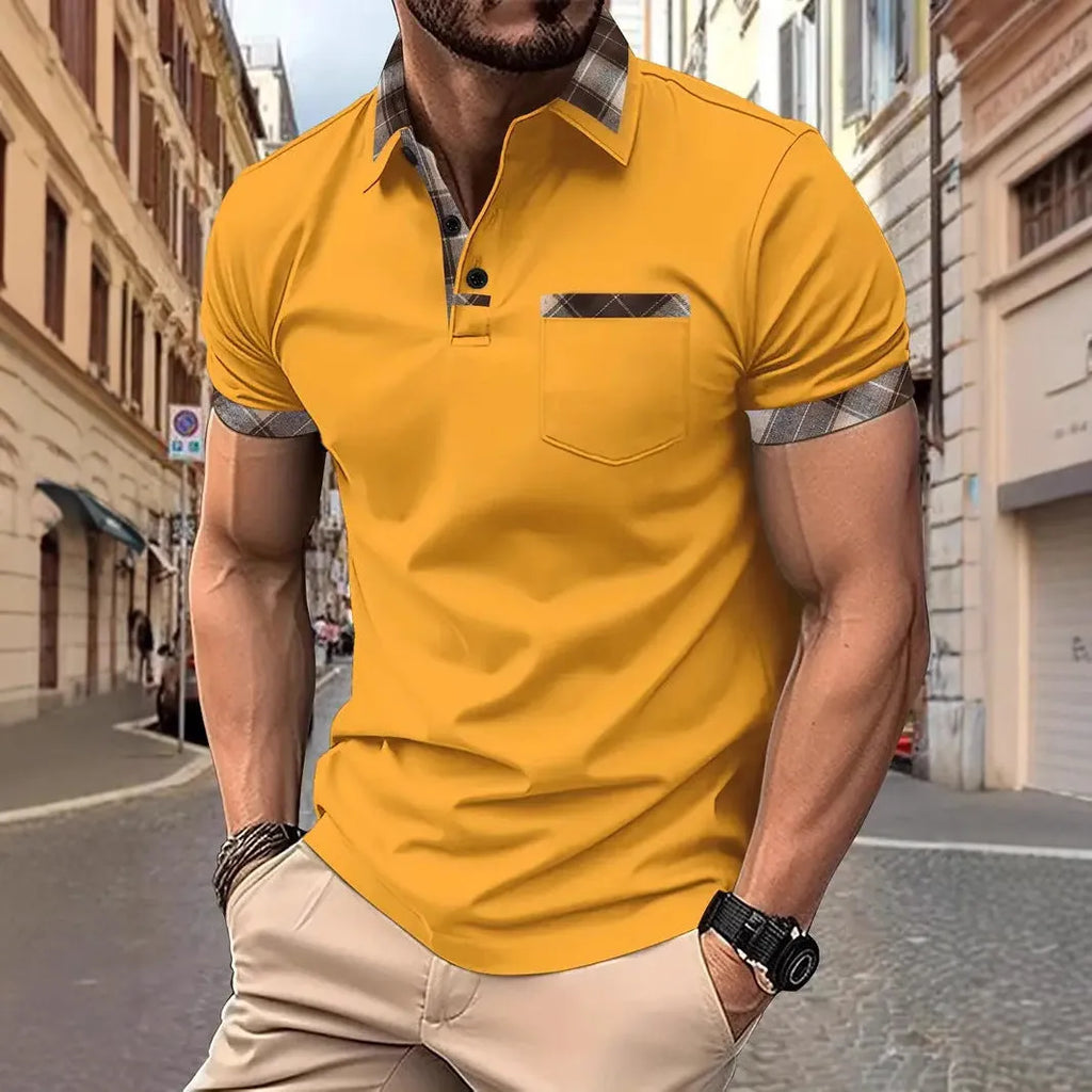 Men's plaid colourblock t-shirt in polyester fabric with short sleeves and loose fit