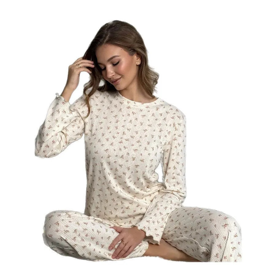 Women's white floral print bell sleeve top and wide leg pants loungewear set