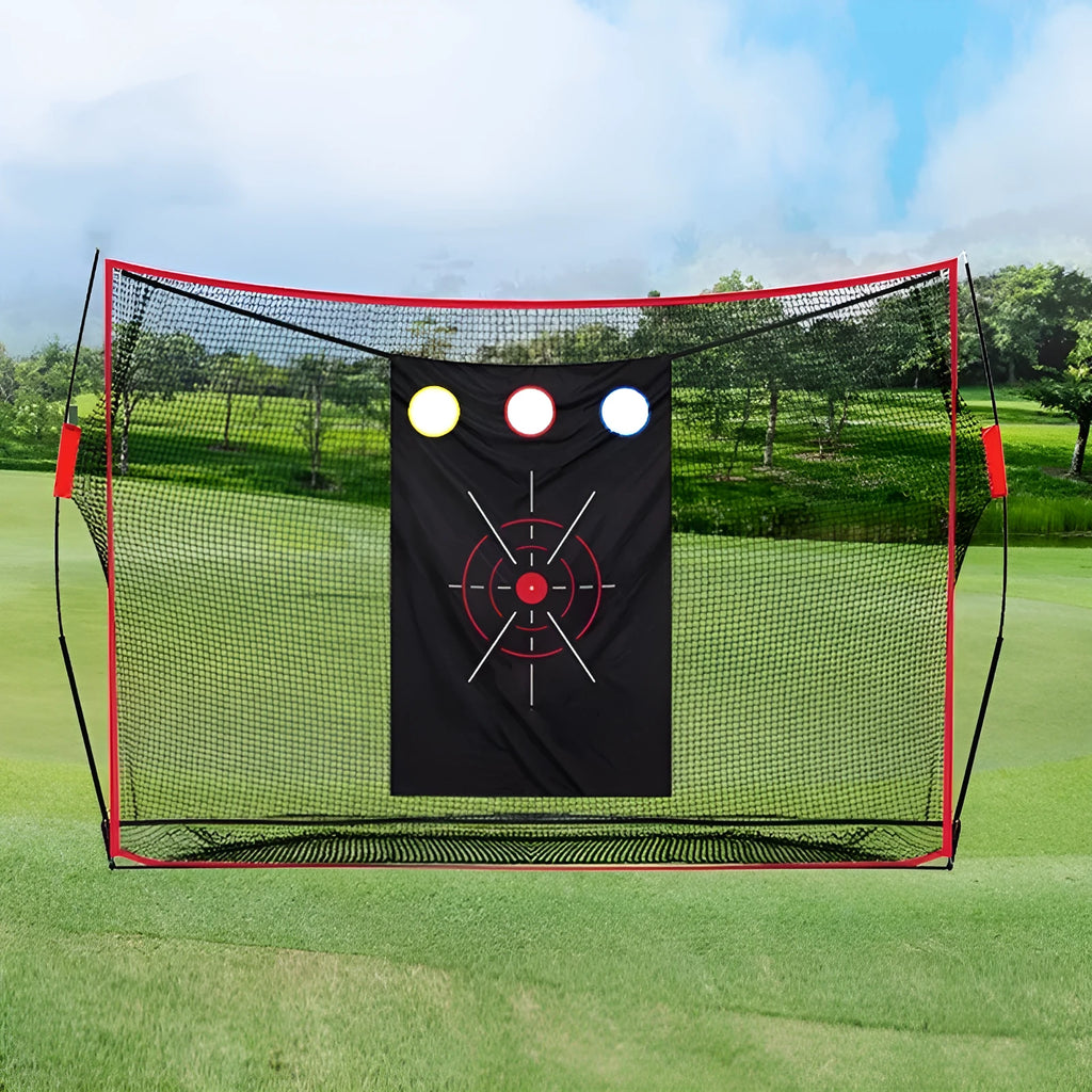 Golf swing wedge training net set with hitting mat and practice balls on grass.