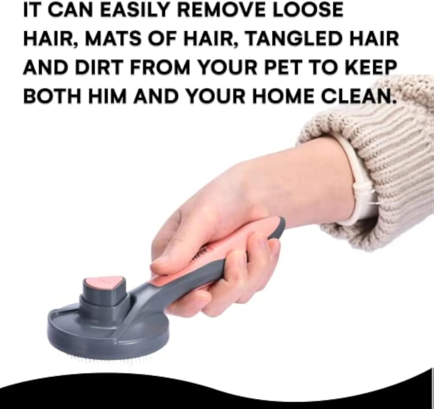 Grey self-cleaning pet slicker brush with massage-tipped bristles and a comfort-grip handle on a white background.