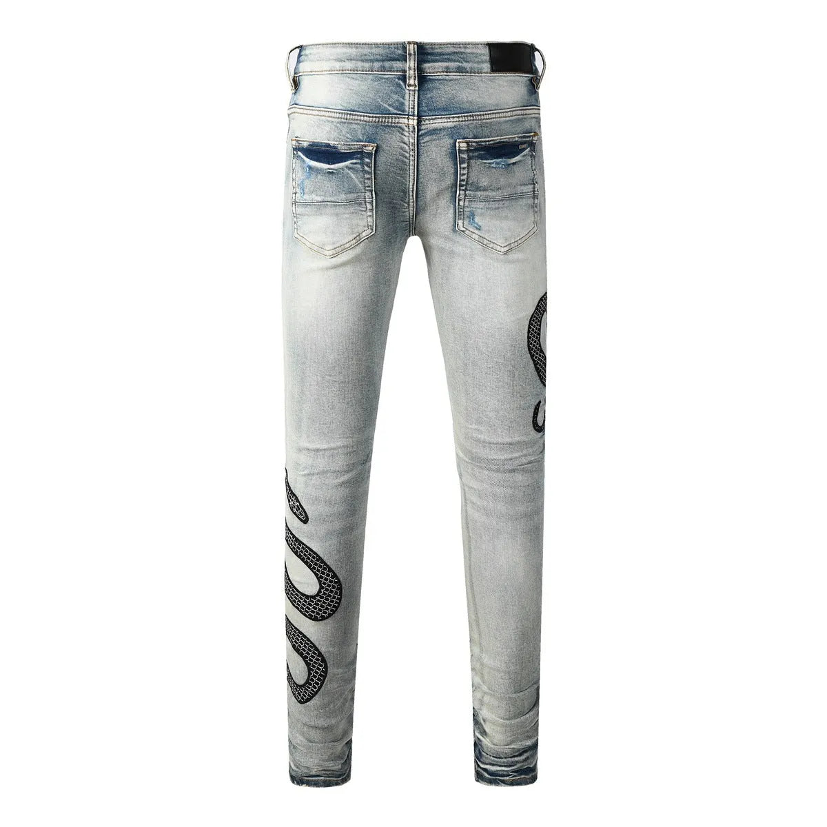 Blue distressed skinny jeans with button fly closure and micro elastic cotton fabric