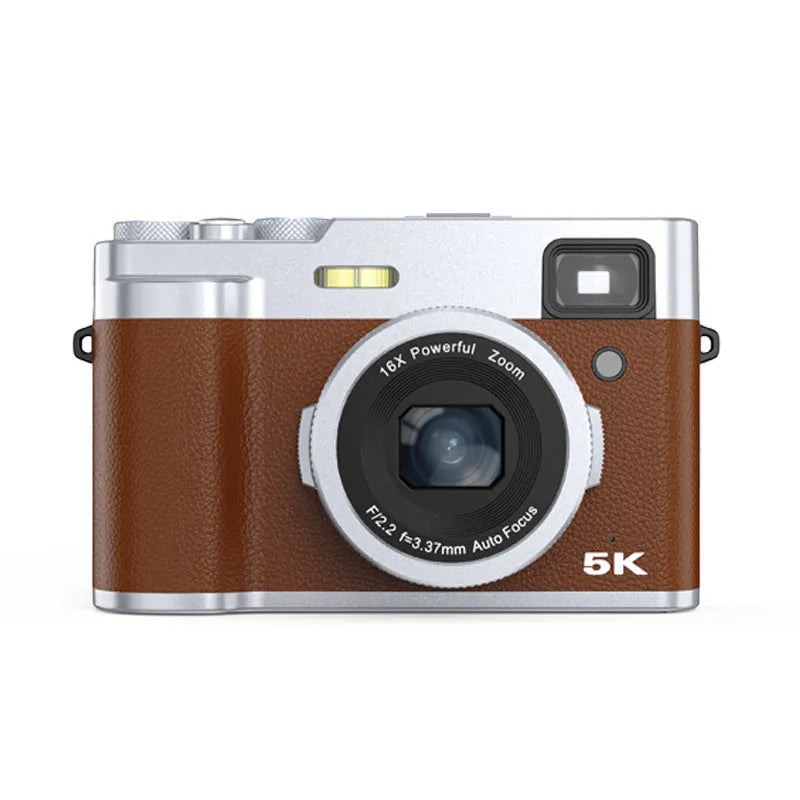 5K HD digital camera with optical viewfinder shown in black and brown colour options
