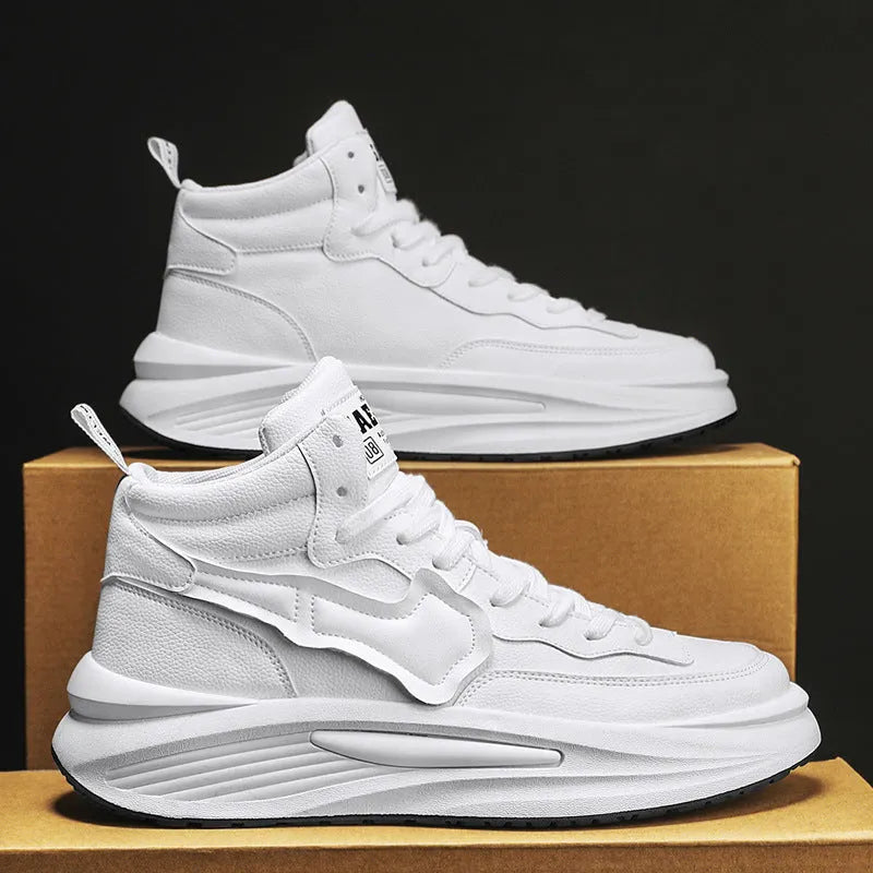 Men's black and white platform high-top board shoes with round toe and wear-resistant PU upper