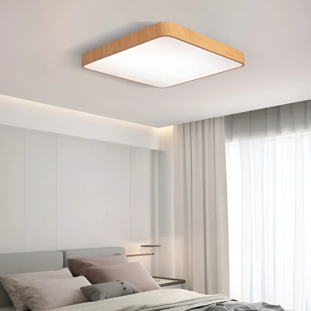 Nordic modern iron LED ceiling light with wood grain finish in square design