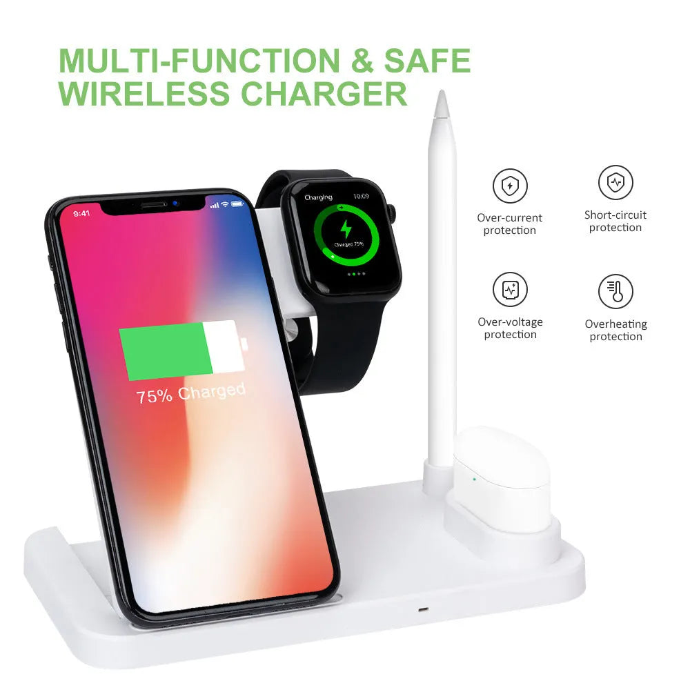 Folding 4-in-1 wireless charger in black showing vertical iPhone charging station mode with MagSafe attachment