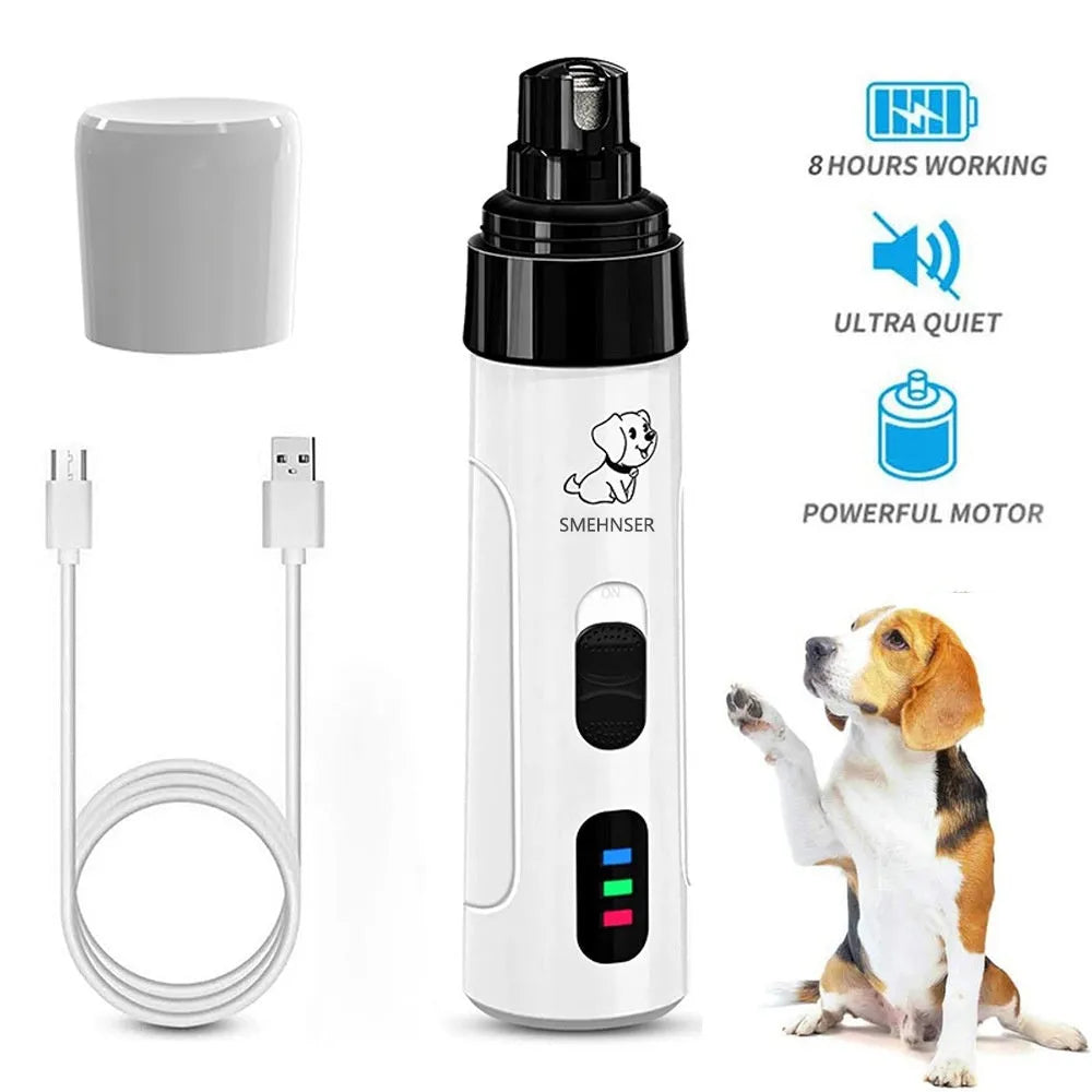 Automatic electric nail grinder for dogs showing digital display, LED indicators, and dust collection system