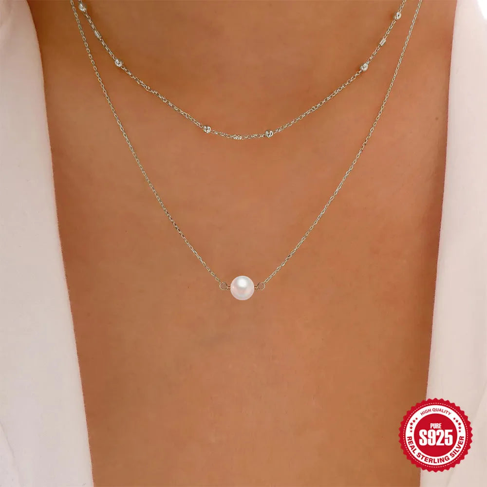 S925 sterling silver double layer necklace with twin pearls on geometric pendant, gold or white gold plating