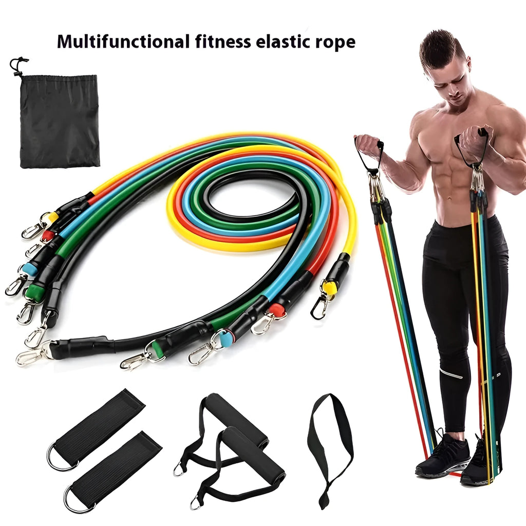 Door-mounted 11-piece sports equipment set with pulling rope for home fitness training