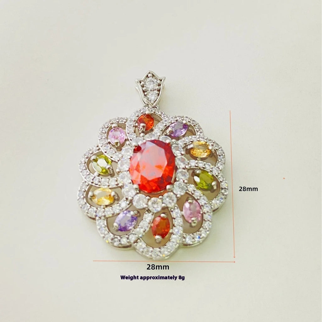 Close-up of a women's floral-shaped zircon pendant necklace in a gold electroplated finish.