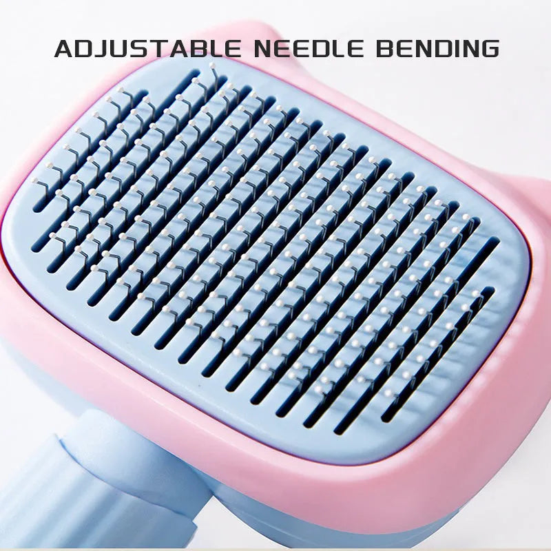 Blue double-sided pet grooming brush showing deshedding rake and dematting comb