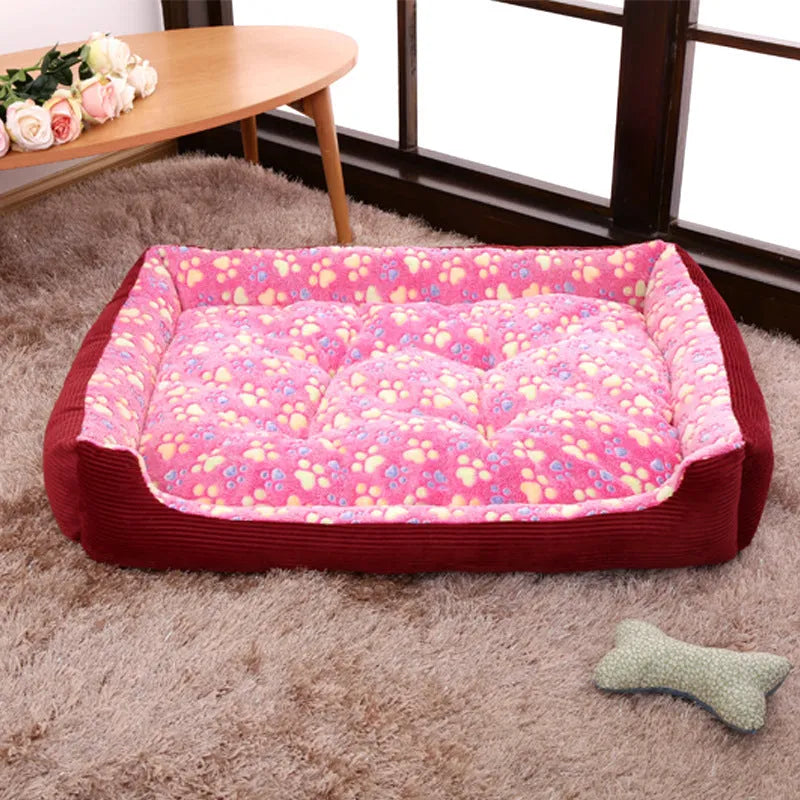 Beige plush dog bed with raised sides shown on a wooden floor.