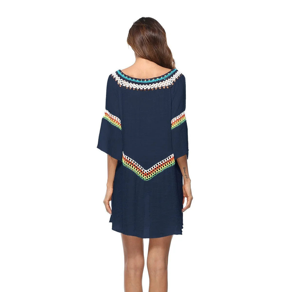Crocheted ethnic style beach cover-up clothing for women in acrylic polyester fabric