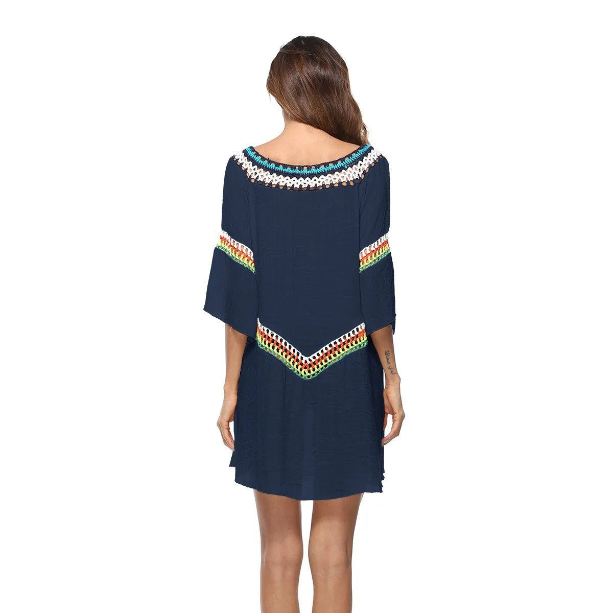 Crocheted ethnic style beach cover-up clothing for women in acrylic polyester fabric
