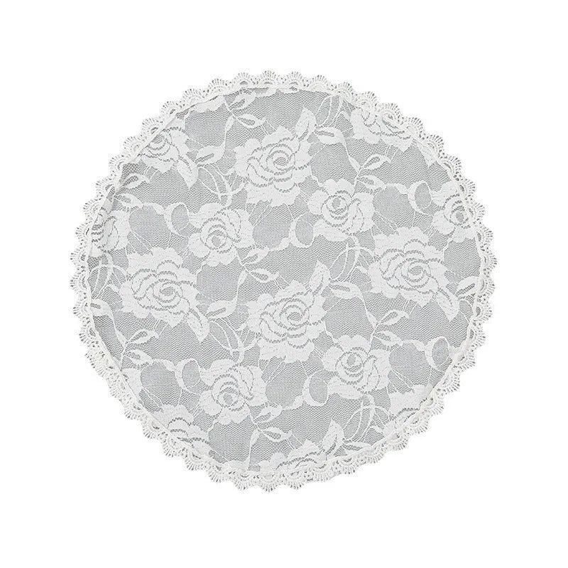 Round white wedding head cover with floral appliqué decoration measuring 30cm diameter