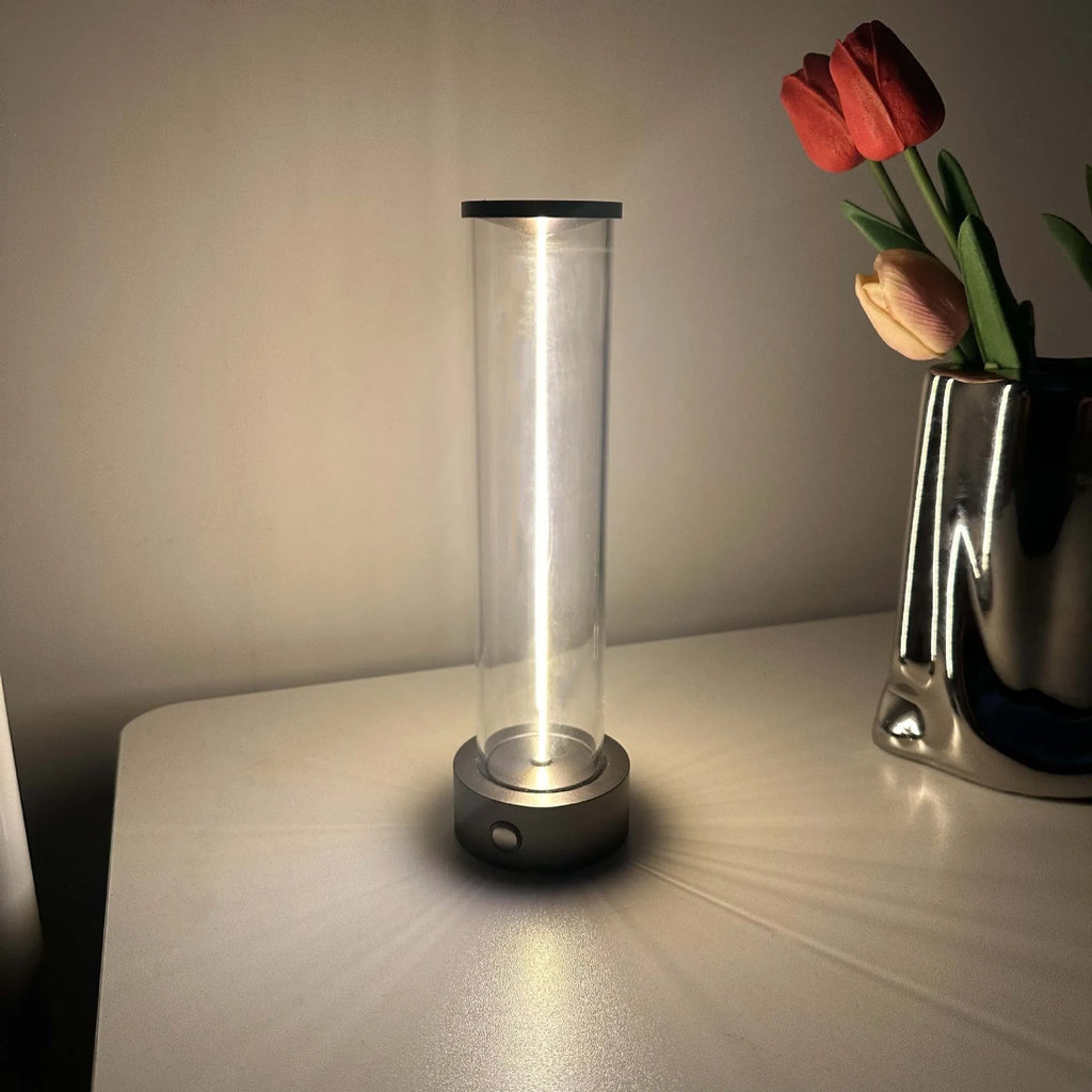 Slim modern glass LED light strip with magnetic base for USB-charged night lighting