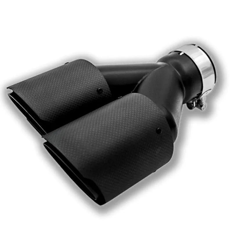 Black carbon fibre double outlet car exhaust silencer tail nozzle measuring 250mm in length