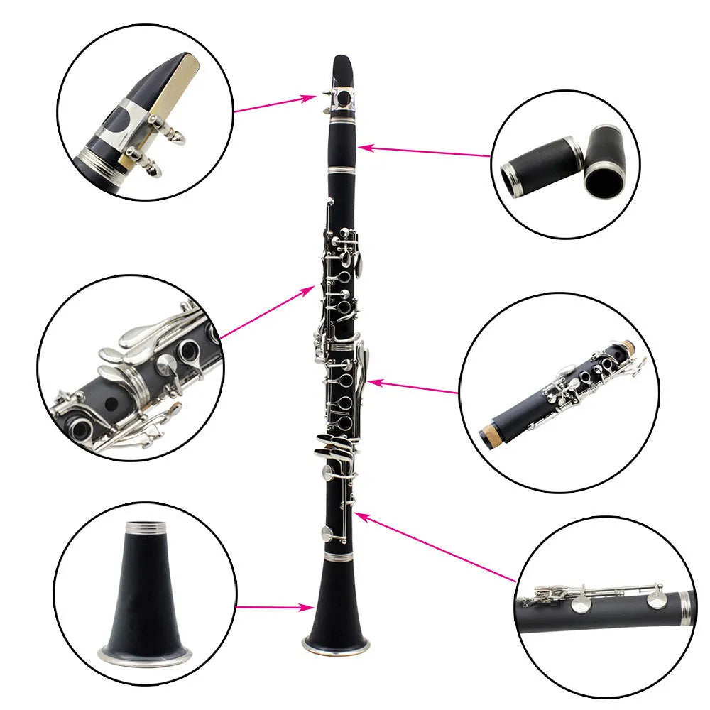 Black clarinet with 17 nickel-plated keys and protective carrying bag
