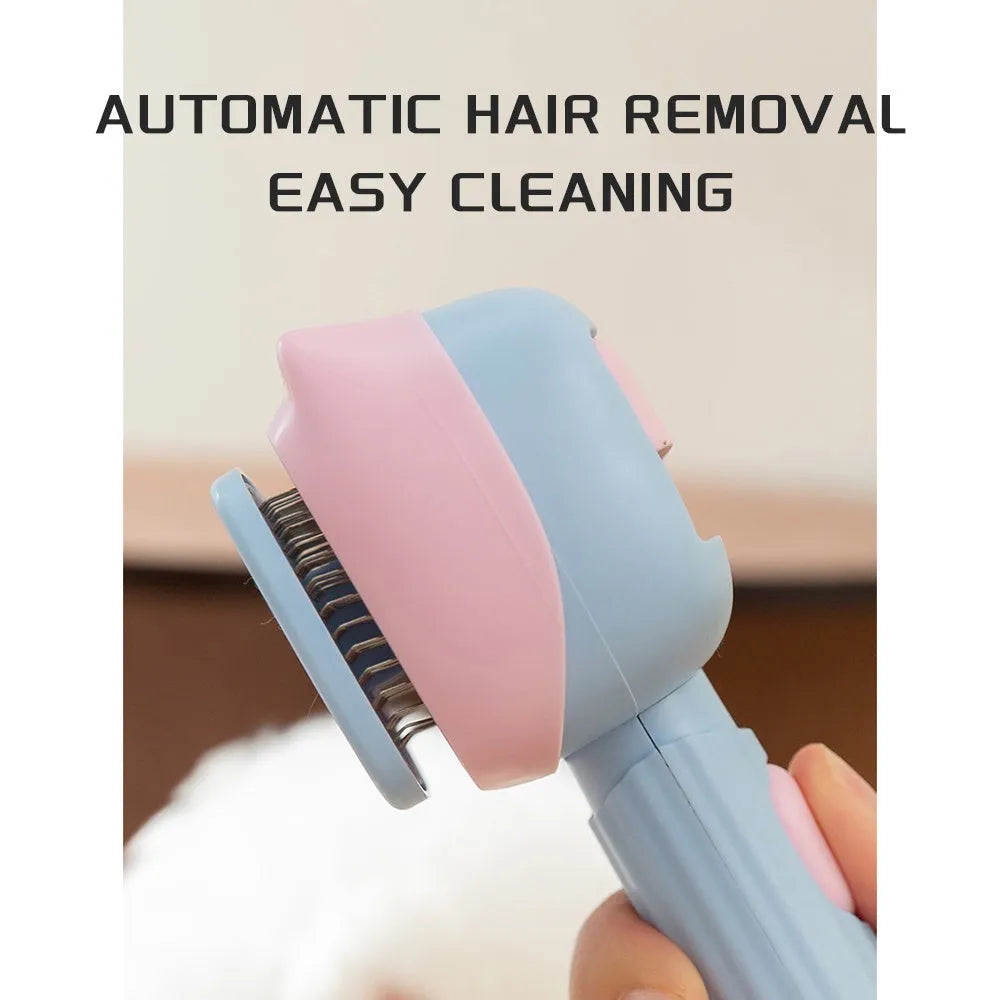 Blue double-sided pet grooming brush showing deshedding rake and dematting comb