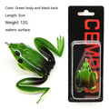 Bionic frog snake head fishing lure with double hooks in grass green and black/yellow dots colour options