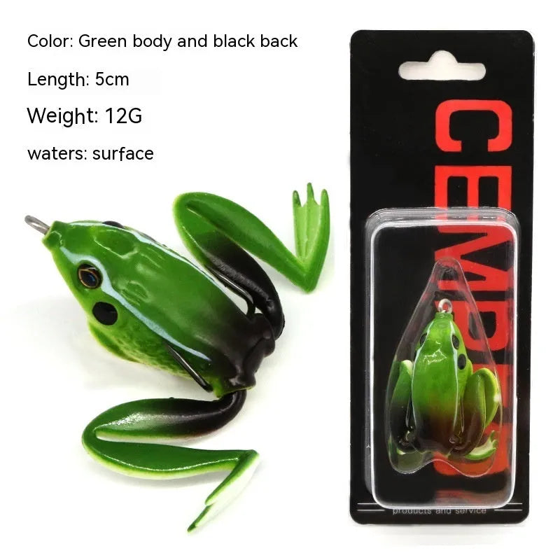 Bionic frog snake head fishing lure with double hooks in grass green and black/yellow dots colour options