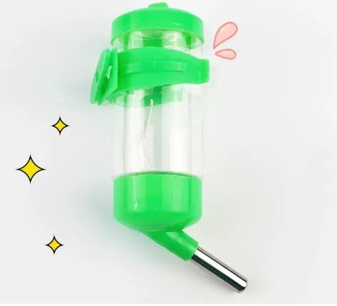 Ball kettle style plastic pet water feeder with a glass tube, shown in green, yellow, pink, white, and sky blue.