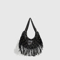 Retro black shoulder handbag with tassel detail and internal mobile phone pocket.