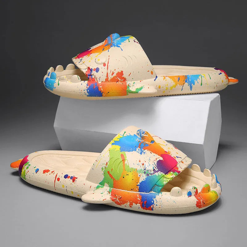 Shark design open-toe EVA slippers for home use in multiple colours and sizes.
