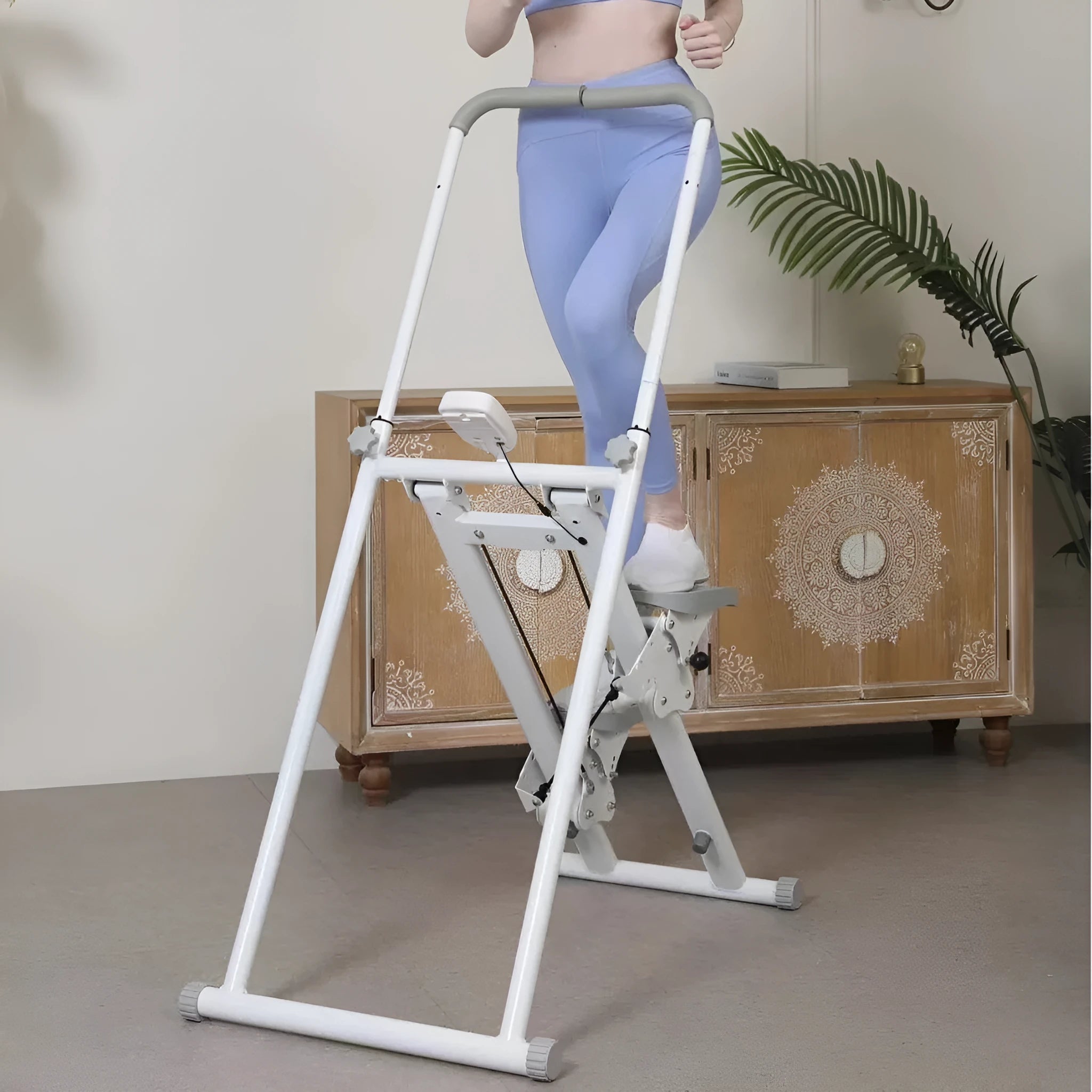 Foldable white treadmill climbing machine with integrated climbing frame for home fitness workouts