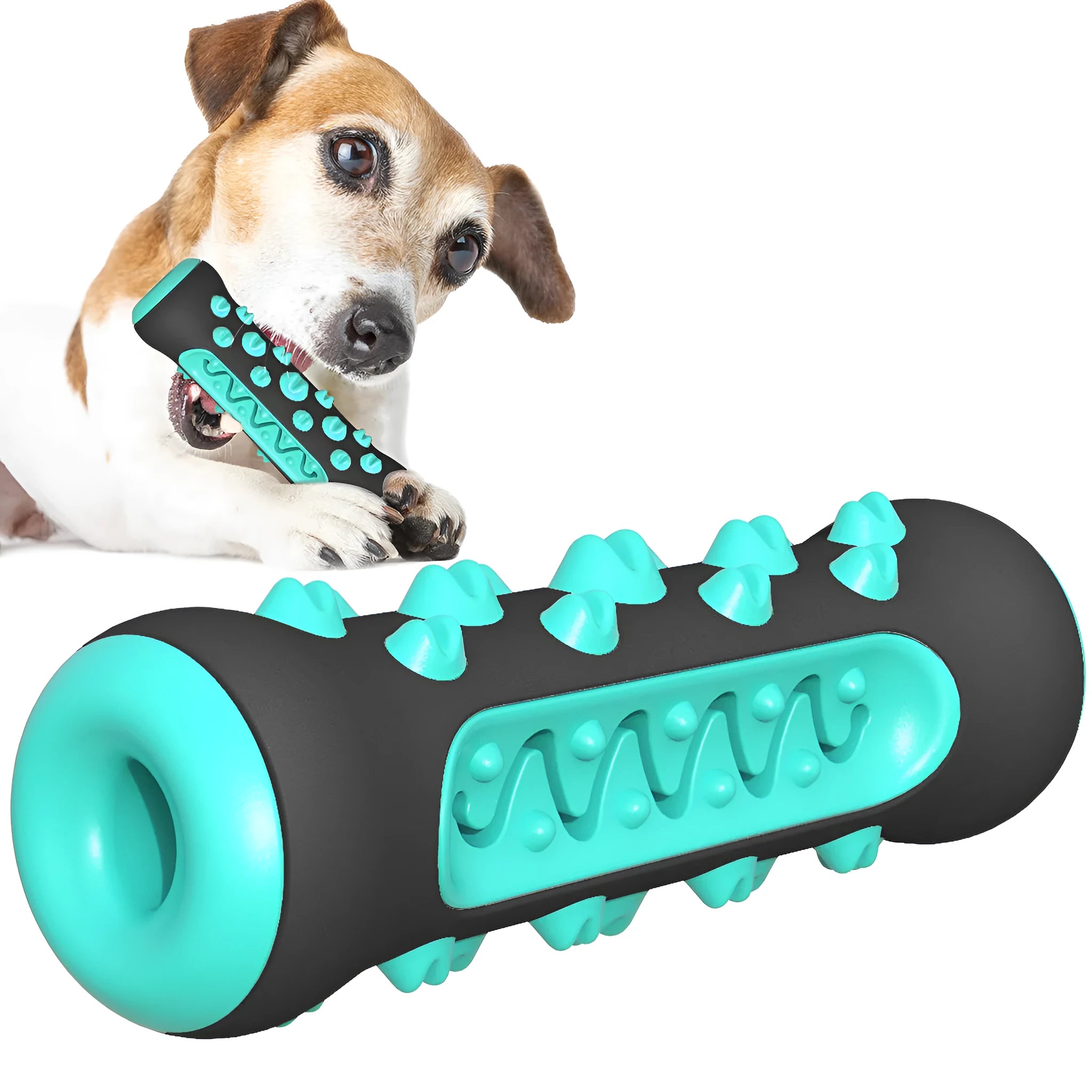 Natural rubber dog toothbrush chew toy in blue colour showing textured dental cleaning surface